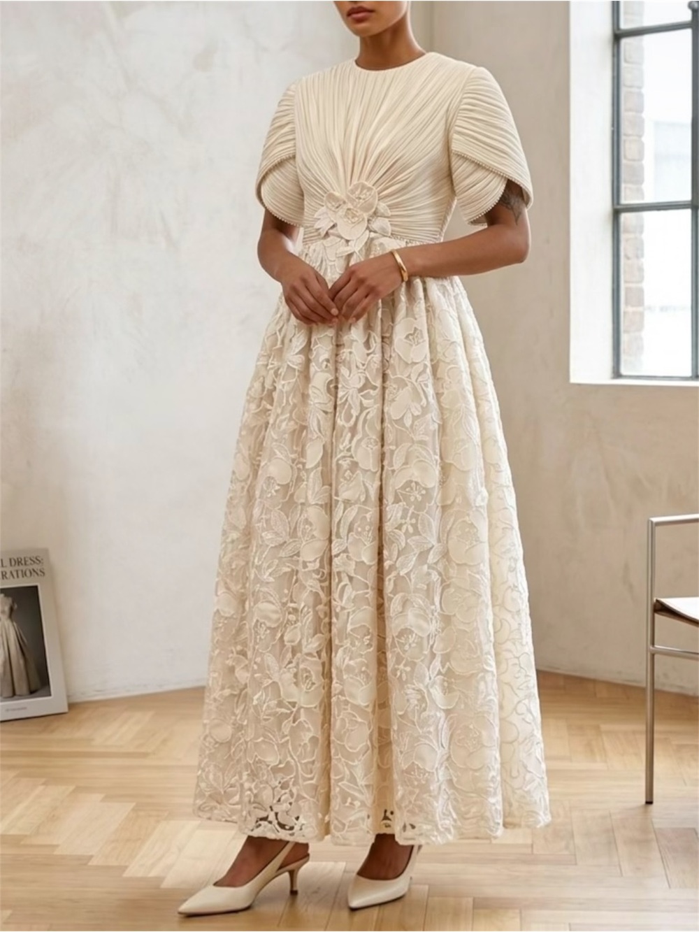 Vintage George F Couture Pleated Plisse Lace Maxi Dress Gown Pearl Trim Ivory 8
